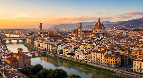 Florence skyline at golden hour showcasing historic architecture along Arno River with cathedral dome