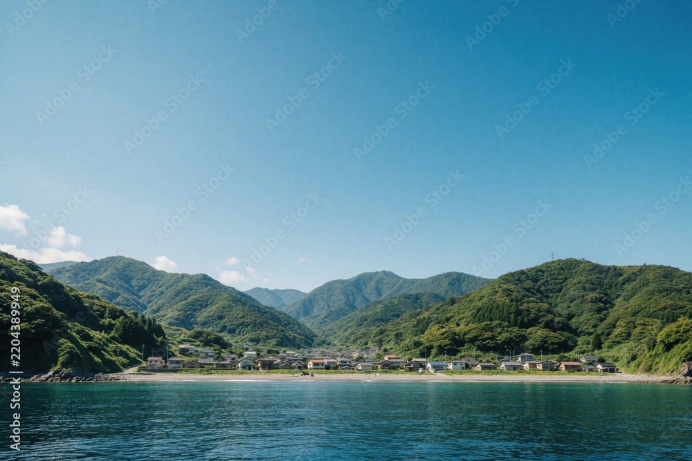 Fototapeta premium Aerial view of coastal village near blue ocean. Green mountains surround small houses by seaside shore. Calm sea water meets rocky coast under clear blue sky. Scenic summer landscape shows peaceful