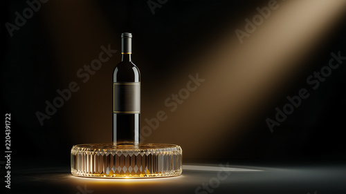 Blank luxury wine bottle mockup with golden label on glowing crystal glass podium under dramatic spotlight