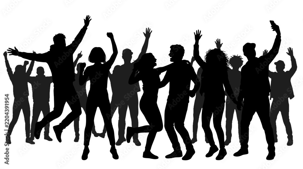 Fototapeta premium Silhouettes of happy people dancing at a party.