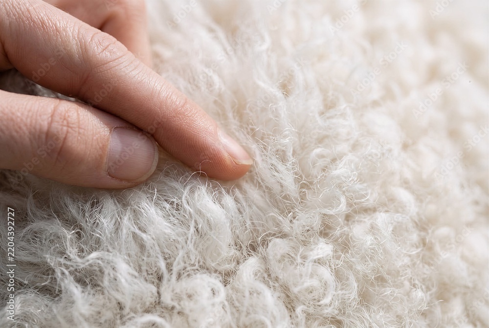 Obraz premium Extreme macro close-up of clean fingers gently touching the soft white fleece of an alpaca for sustainable textile and organic fashion brand visuals.
