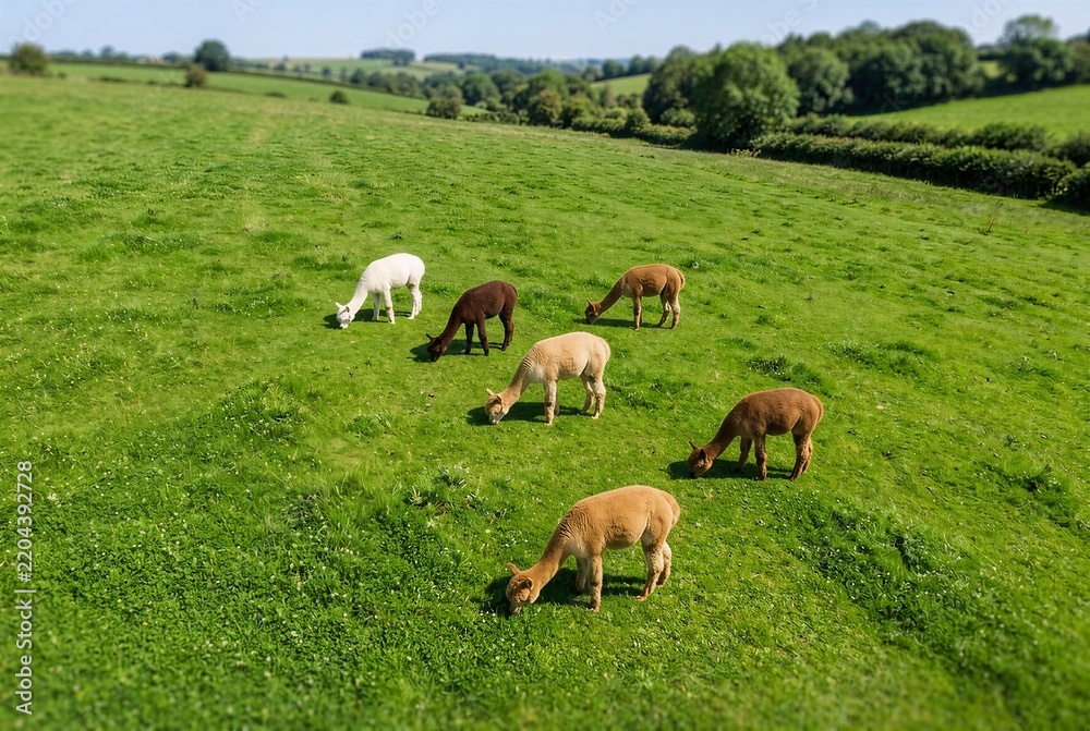Fototapeta premium High-angle aerial view of a small, multi-colored herd of alpacas grazing peacefully in a bright green pasture for eco-farming and agriculture banners.