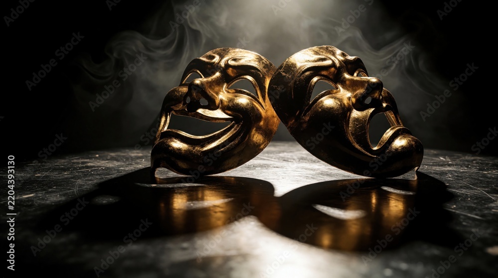 Fototapeta premium Gold comedy, tragedy theatrical masks sit on dark stage. Two metal drama masks under spotlight with smoke effect. Dramatic performance art props reflect on floor. Classical acting concept for theater