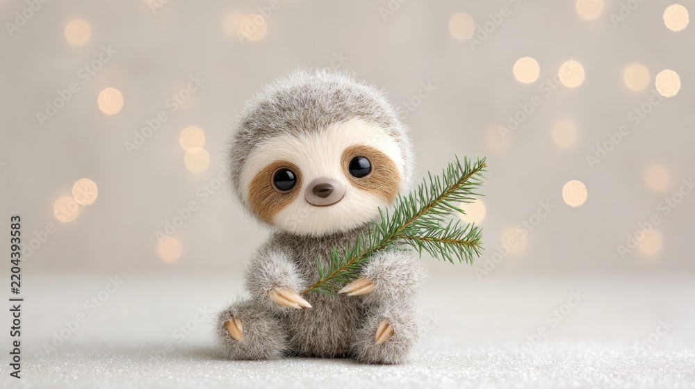 Obraz premium Adorable fluffy sloth holding pine branch with bokeh background for winter decor
