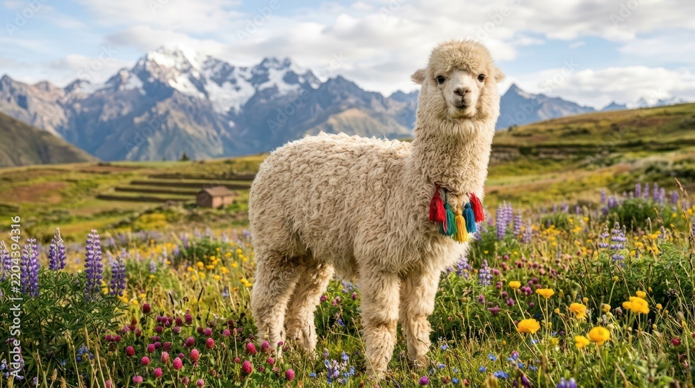 Obraz premium Dynamic Fluffy Alpaca Standing Amidst Vibrant Wildflowers with Stunning Snowy Mountain Backdrop