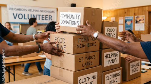 Community food drive and charity donation volunteer work with cardboard boxes