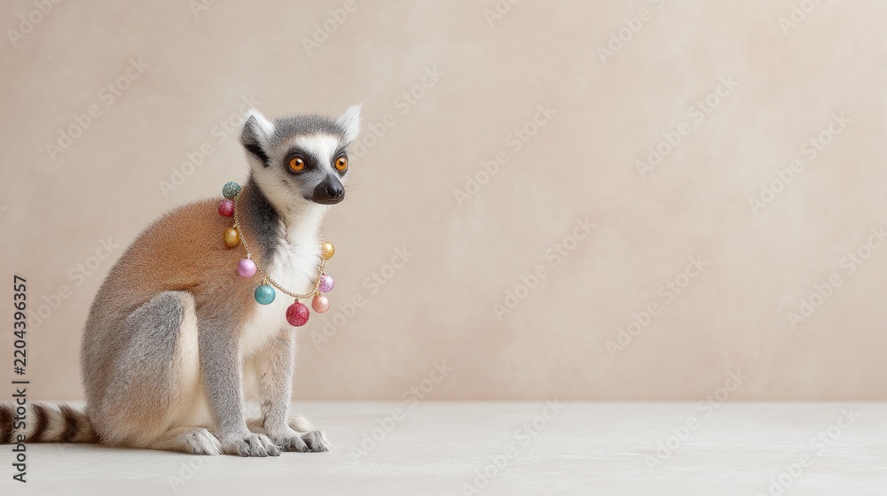 Obraz premium Lemur holding glittery ornaments on neutral background - festive animal theme