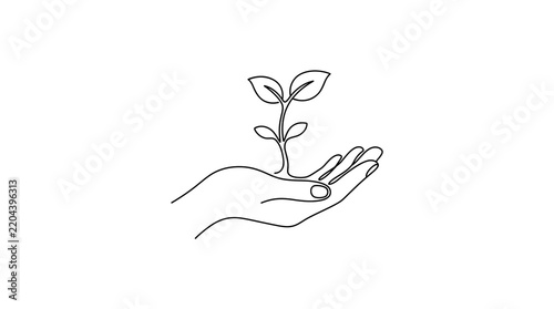 sustainable living plant growing in hand line art vector illustration