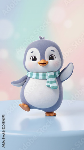 Cute little penguin character 3D render with winter scarf