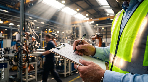 Close-up of a factory supervisor in a high-visibility vest writing notes on a clipboard in a modern industrial manufacturing plant with robotic machinery and sunlight beams.