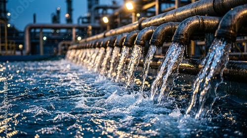 Detailed industrial pipes discharging water into a large aeration tank or reservoir at a treatment plant during twilight with artificial lighting and industrial towers.