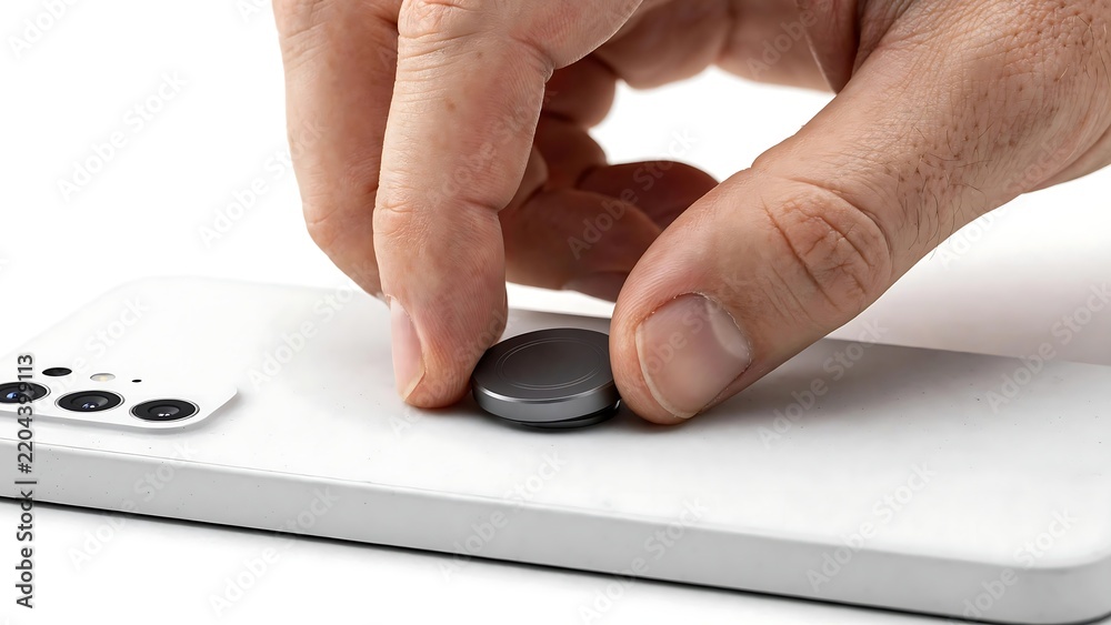 Fototapeta premium Close Up of Hand Adjusting Circular Accessory on Back of White Phone