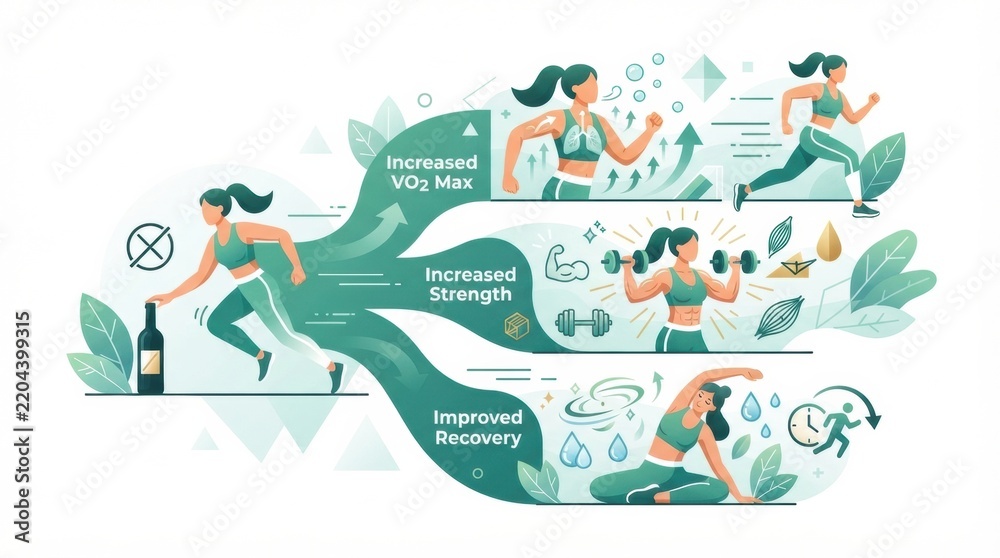 Fototapeta premium Various athletic activities promoting health and fitness. It contrasts alcohol use with the benefits of a sober lifestyle for performance.