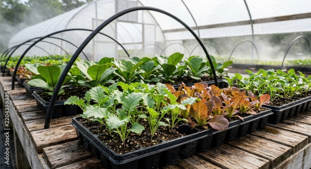 Obraz premium Fresh organic seedlings in black trays growing in commercial greenhouse with mist irrigation. Young vegetable plants on wooden benches at farm nursery.