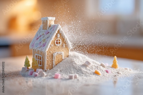 Festive gingerbread house and falling icing sugar with christmas decorations