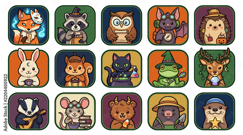 Obraz premium Cute Autumn Woodland Animals Magic Forest Halloween RPG Game App Icons Vector Set
