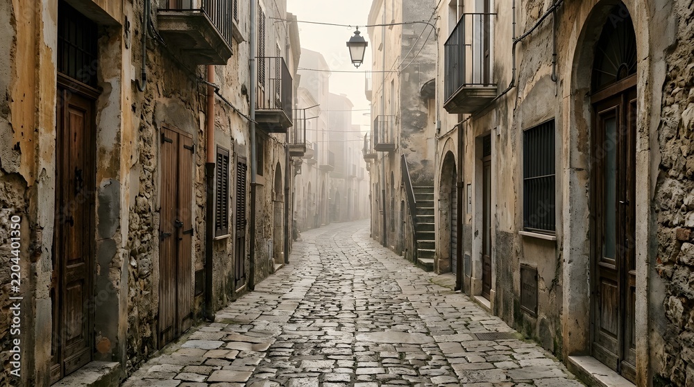 Obraz premium Empty narrow cobblestone street in old European town with historic buildings.