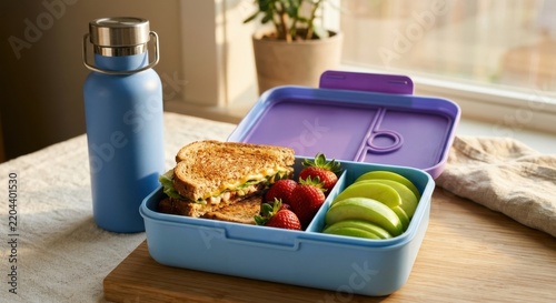 Healthy Packed Lunch in a Blue Bento Box Featuring a Toasted Sandwich, Fresh Strawberries, and Green Apple Slices Next to a Reusable Water Bottle on a Wooden Board in Soft Natural Window Light