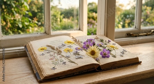 Vintage open book with dried pressed summer flowers on a wooden windowsill overlooking a sunny garden background, cottagecore aesthetic, peaceful and nostalgic atmosphere in a country house.