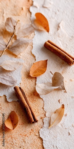 Autumn leaves and cinnamon sticks on textured background for seasonal cooking concepts