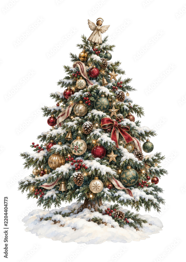Obraz premium PNG Watercolor Christmas tree decorated with ornaments, ribbons, snow