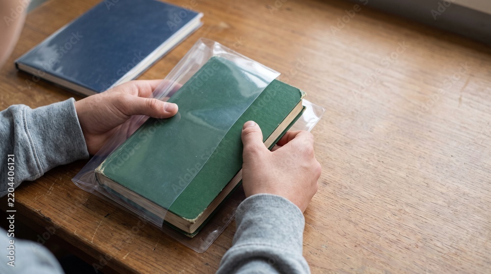 Obraz premium Person's hands carefully placing a green book into a clear protective plastic sleeve on a wooden desk