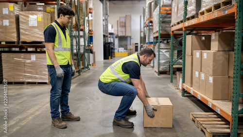Warehouse worker lifting cardboard box with correct posture, industrial logistics safety training, manual handling in distribution center