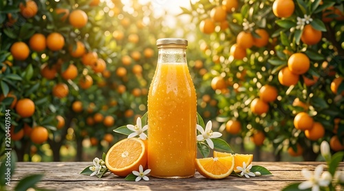 orange juice, glass bottle, orange tree, tree roots, surreal, organic growth, nature concept, product photography, natural juice, fresh orange, commercial photography, growing bottle, roots wrapping,