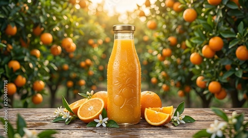 orange juice, glass bottle, orange tree, tree roots, surreal, organic growth, nature concept, product photography, natural juice, fresh orange, commercial photography, growing bottle, roots wrapping,