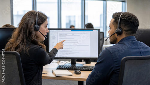 Professional call center agents with headsets, diverse customer support team working in office, corporate help desk employees collaborating