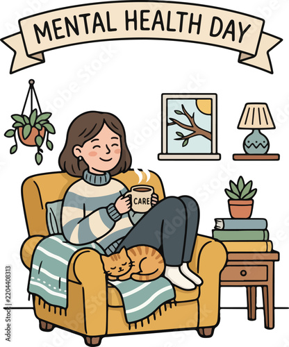 Woman Reading Book and Relaxing on Mental Health Day Illustration
