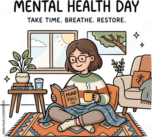 Woman Relaxing in Armchair with Cat for Mental Health Illustration
