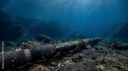 An underwater power cable lies on the seabed, surrounded by rocks and marine life. The cable is thick and appears to be quite old.