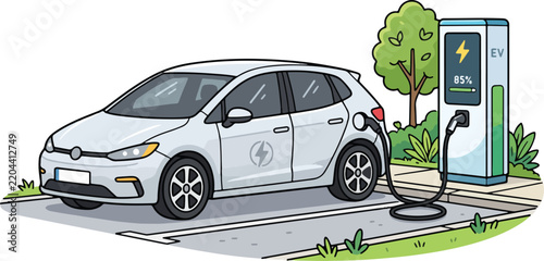 Electric Car Charging at Station Digital Illustration
