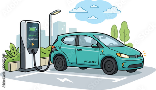 Electric Car Charging at Station Illustration
