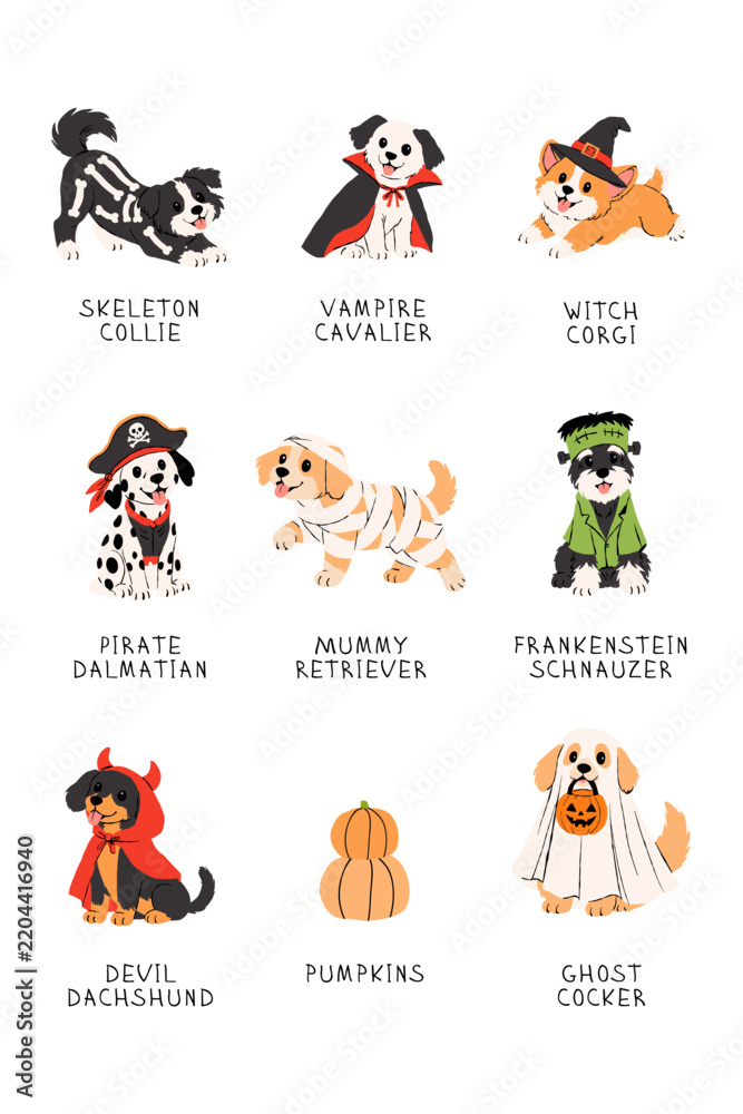 Fototapeta premium Dogs in Halloween costumes clipart set, skeleton, vampire, witch, pirate