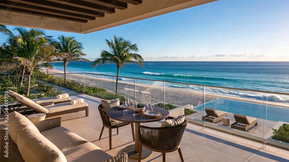 Obraz premium Luxury oceanfront balcony with beach and sea view in a tropical location during daytime Generative AI