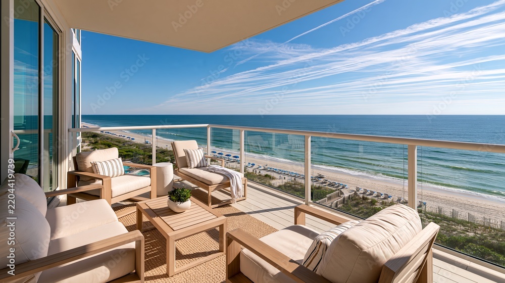 Obraz premium Luxury oceanfront balcony view with beach and sea view during daytime Generative AI