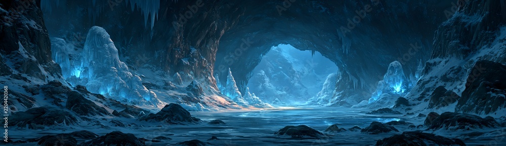 Fototapeta premium Frozen cavern glows with ethereal blue light.