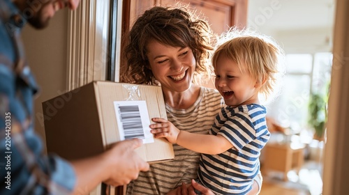 Parent receives delivery of children's essentials while holding toddler at apartment doorway Generative AI