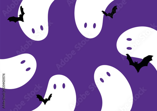 Minimalist Purple Halloween Pattern with White Ghosts and Black Bats