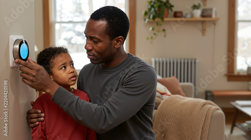 Father and son adjusting smart thermostat at home. Energy saving household concept