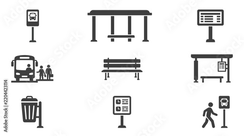 Public transportation bus stop and shelter icon set.