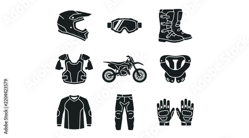Motocross and dirt bike protective gear icon set.