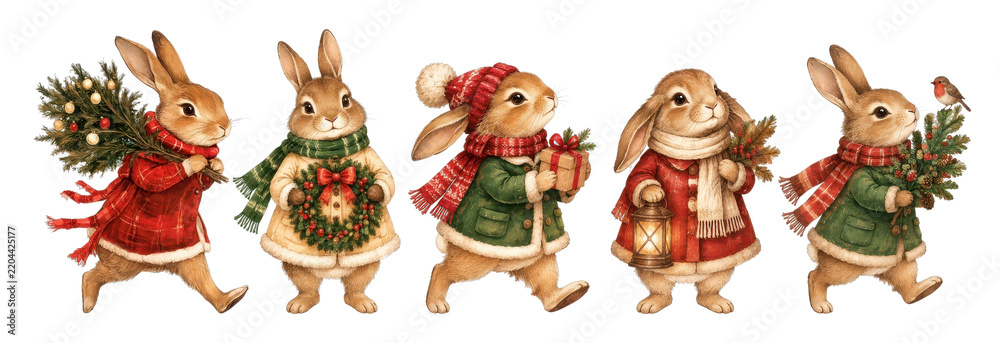 Fototapeta premium PNG Whimsical vintage watercolor Christmas bunny characters carrying festive gifts