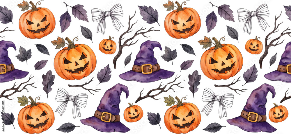 Fototapeta premium Watercolor seamless pattern featuring carved jack o lantern pumpkins purple witch hats spooky bare tree branches dark leaves and elegant ribbons arranged in a repetitive design