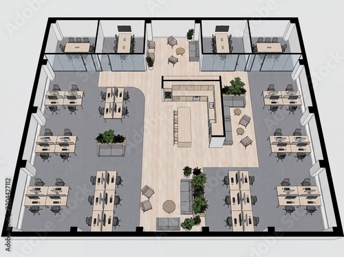 Overhead 3D floor plan of an open plan office with desks and meeting rooms