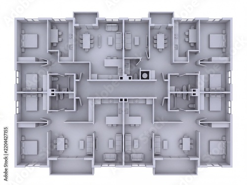 Monochrome grey study model of a residential building floor plate from above
