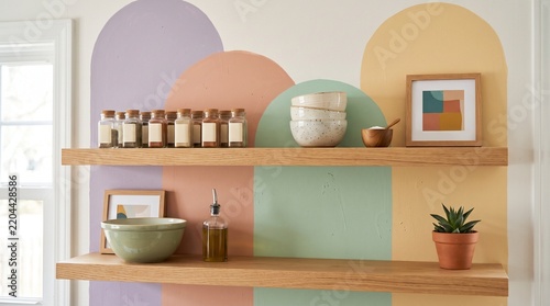 Painted arch kitchen wall with lavender, peach, mint and yellow shapes, floating shelves, spice jars and cozy dopamine decor styling