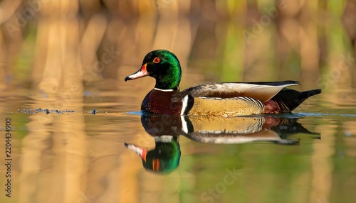 colourful duck on the lake with dreamy bokeh background
